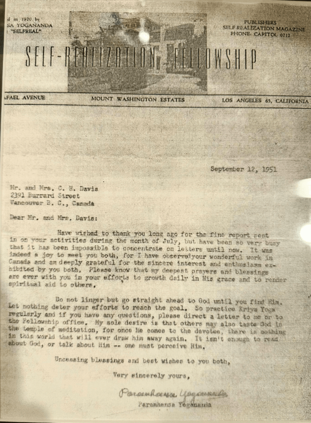 Letter from Paramahansa Yogananda to a Vancouver Meditation Group Member